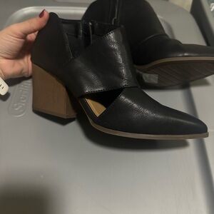 Qupid Black Ankle Booties with Brown Heel